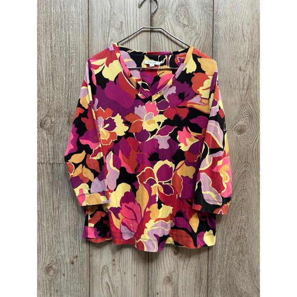 Chico's Tops - Chicos Floral Pima Cotton V-Neck Top Size 2 Large 3/4 Sleeve Multicolor Knit